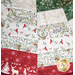 A patchwork tree skirt featuring festive patterns with red, green, and white colors, including woodland animals and birds. 