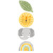 Stacked illustrations of a green leaf, yellow lion, gray elephant, and colorful rainbow.