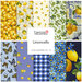 A collage of fabric swatches in yellow and blue featuring lemons, butterflies, and floral patterns.