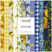 A collage of fabric swatches in yellow and blue featuring lemons, butterflies, and floral patterns.