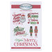 Front of Mylar Merry Christmas pattern featuring embroidered Christmas motifs of holiday sayings, Santa Claus, and nutcrackers.