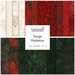 A stacked collage of green, red, and white batik fabrics with a Timeless Treasures Tonga Mistletoe card in the center