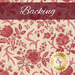 A swatch of cream fabric with an elegant, twisting, vintage floral pattern in berry pink and red with tonal cream accents. A dark red banner at the top reads 