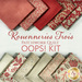 The fabrics included in the Rouenneries Trois Patchwork BOM, fanned out in the red and cream colorways on a white background; in between the rows of fabric, a text graphic reads Rouenneries Trois Patchwork Quilt Oops! Kit.