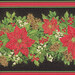 Black fabric with red and green stripes, garlands of holly, and clusters of large red poinsettias and foliage with gold metallic accents.
