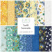 A stacked collage of yellow, white, blue, and teal summertime floral fabrics