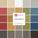 A square collage of red, yellow, green, blue, and gray fabrics with an Andover Petite Beehive tag in the center