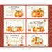 Panel fabric featuring six cream placemats that feature orange and white pumpkins on a red plaid background.