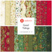 A collection of 21 festive fabric fat quarters in red, green, and cream with holiday patterns.