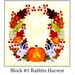 A whimsical quilt block featuring rabbits, autumn leaves, corn, and a pumpkin in a decorative design.