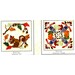 Two quilt blocks: left features a squirrel among autumn leaves, right shows a symmetrical pattern with scarecrows.