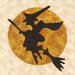 Silhouette of a witch flying on a broomstick against a textured yellow moon background.