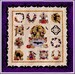 A colorful quilt featuring Halloween-themed patches with witches, bats, pumpkins, and autumn leaves.