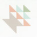 A design featuring colored cross-stitch patterns of triangles and arrows in various colors on a white background.