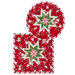 Two quilted hot pads, one round and one square, featuring a star design in red, white, and green Christmas fabrics, isolated on a white background.