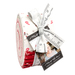 A rolled fabric bundle from Moda, featuring red and white patterns, tied with a measuring tape ribbon.