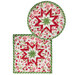 Two quilted hot pads, one round and one square, featuring a star design in red, white, and green Christmas fabrics, isolated on a white background.