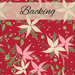 A swatch of bright red fabric with white and pink poinsettias scattered across the fabric with various candy and leaves. A cream banner at the top reads 