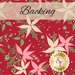 A swatch of bright red fabric with white and pink poinsettias scattered across the fabric with various candy and leaves. A cream banner at the top reads 