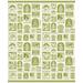 A white fabric packed with rows of square and rounded green stamps with Christmas themed motifs and scenes.