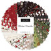 A spiral collage of the black, green, red, gray, and cream winter fabrics included in the Winter Friends Charm Pack.