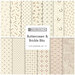 Collage of 13 cream fabrics in the collection, all featuring a geometric or primitive pattern in green, brown, and red