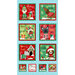 Aqua panel featuring holiday themed blocks of cartoon dogs with festive sayings and decorations.