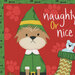 8x8 swatch of panel featuring a cartoon dog in a green elf outfit next to a Christmas stocking with a teddy bear, against a red background with the text 