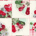 Colorful patchwork design featuring scalloped shapes in red, green, pink, and white with floral patterns.