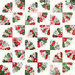 Colorful patchwork quilt featuring red, green, and white patterns in floral and plaid designs.