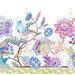 Colorful floral pattern featuring blue butterflies, oversized flowers, and leafy designs on a light background.