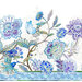 Blue floral pattern featuring various flowers and leaves with a butterfly on a light background.