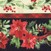 Close-up of border stripe fabric featuring vibrant red poinsettias, green foliage, and holly berries on a dark background.