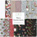 A collection of holiday-themed fabric featuring various patterns, including gnomes and gifts.