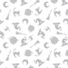 Gray and white pattern featuring witches' hats, broomsticks, cats, cauldrons, and crescent moons.