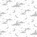 Gray whimsical pattern featuring moons, clouds, bats, and stars on a white background.