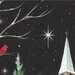 A cardinal perched on a snowy branch, with a church steeple and stars against a dark sky.
