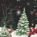 Santa Claus sits beside snow-covered trees, with a deer and cardinals against a starry night sky.
