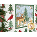 A festive quilt featuring a woodland scene with deer, a fox, an owl, and evergreen trees.