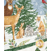 A close-up of the quilt featuring a snowy scene with a deer, rabbit, raccoon, fox, and a cardinal near evergreen trees.