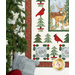 A cozy quilt featuring red cardinals, green trees, and a deer scene, beside a Christmas tree.