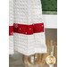 A close-up of the bottom of the white textured hanging towel with a stripe of red snowflake fabric.