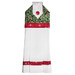 Red, green, and white, decorative kitchen towel with a festive nature pattern and button detail at the top isolated on a white background.