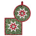 Two quilted holiday hot pads, one square, and one circular, both featuring a star design in red, white, and green isolated on a white background