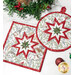 A square quilted potholder and a round hot pad featuring a star design and holiday-themed fabric.