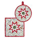 Two quilted holiday hot pads, one square, and one circular, both featuring a star design in red, white, and green isolated on a white background