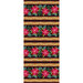 Colorful floral pattern featuring pink poinsettias, green leaves, and decorative tan stripes on a dark background.