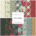A collage of 15 colorful Christmas fabrics and a white All is Bright tag in the center