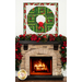 A shot of the Wreath wall hanging above a lit fireplace, topped with a festive green garland with red poinsettias, red baubles, and pinecones.