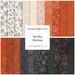 Collection of 21 Halloween-themed fabric fat quarters in orange, black, and cream patterns.